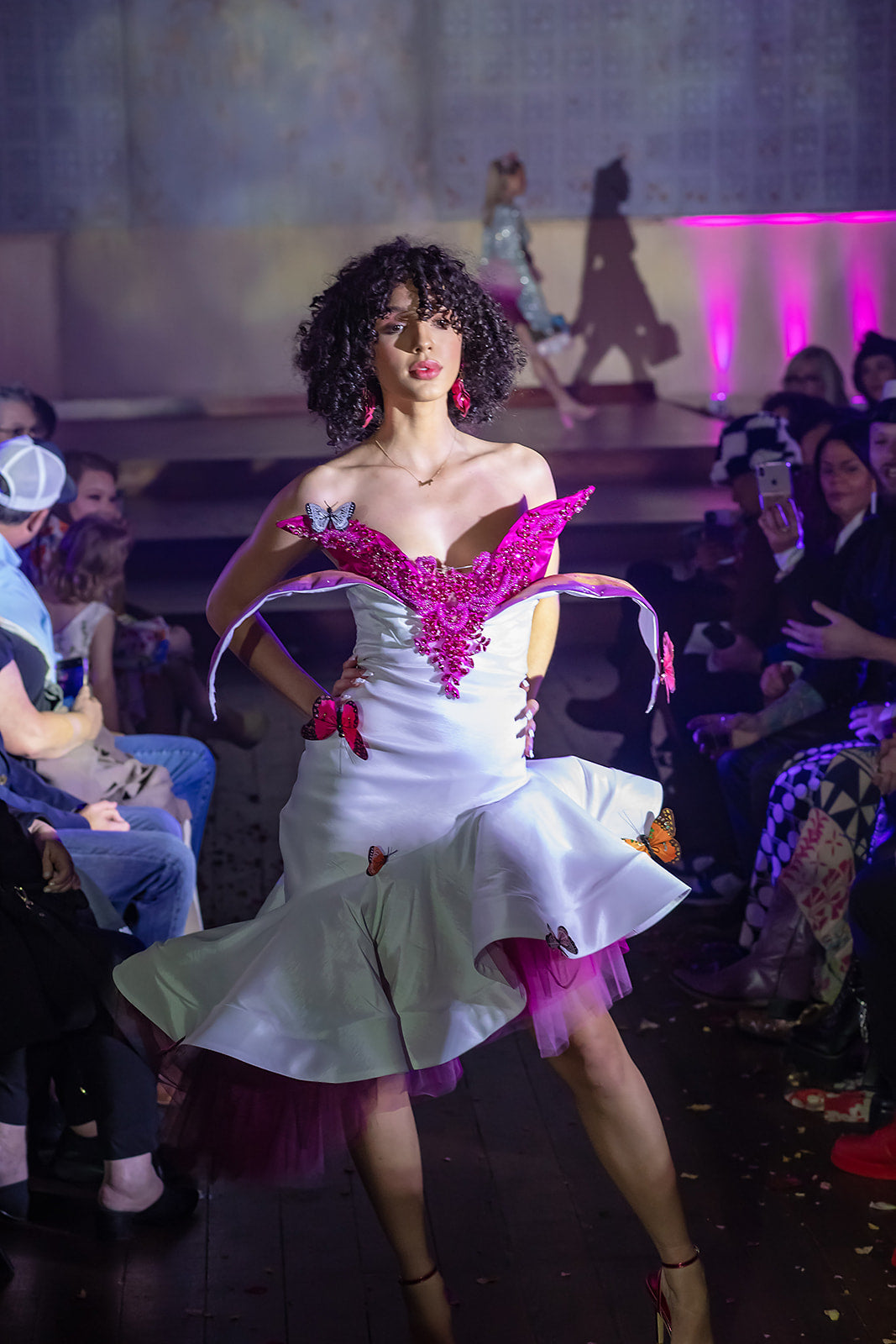 "Blossom" 3D bendable petal design-beaded bodice, flutter skirt, tulle detailed stretch taffeta cocktail or costume dress