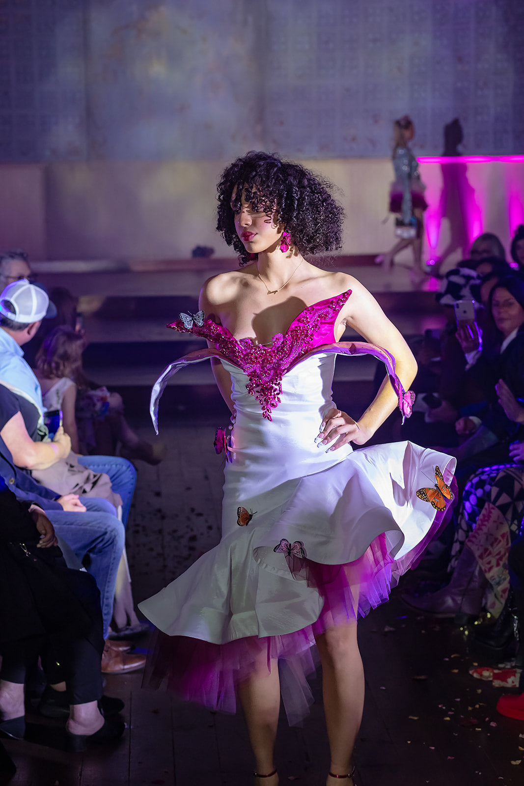 "Blossom" 3D bendable petal design-beaded bodice, flutter skirt, tulle detailed stretch taffeta cocktail or costume dress