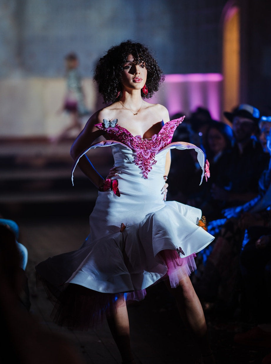 "Blossom" 3D bendable petal design-beaded bodice, flutter skirt, tulle detailed stretch taffeta cocktail or costume dress