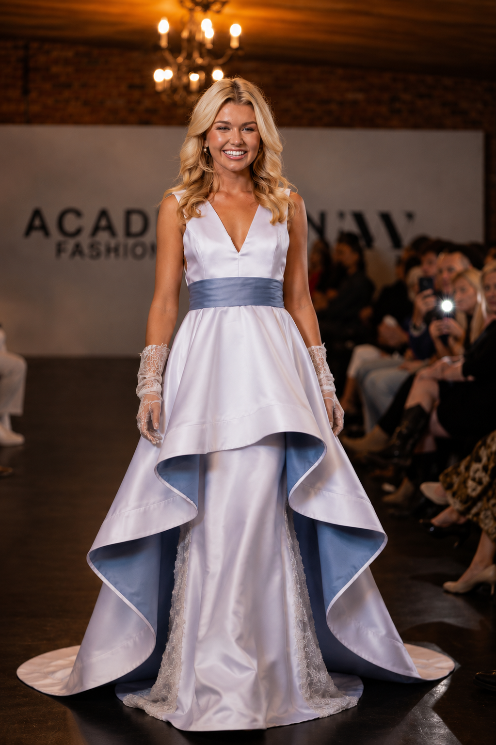 A model walks the runway wearing a formal high-low gown with a white satin bodice, light blue sash, and layered light blue and white ruffled skirt. The background shows a fashion runway setting with an audience and a 'ACADIANA FASHION WEEK' banner.
